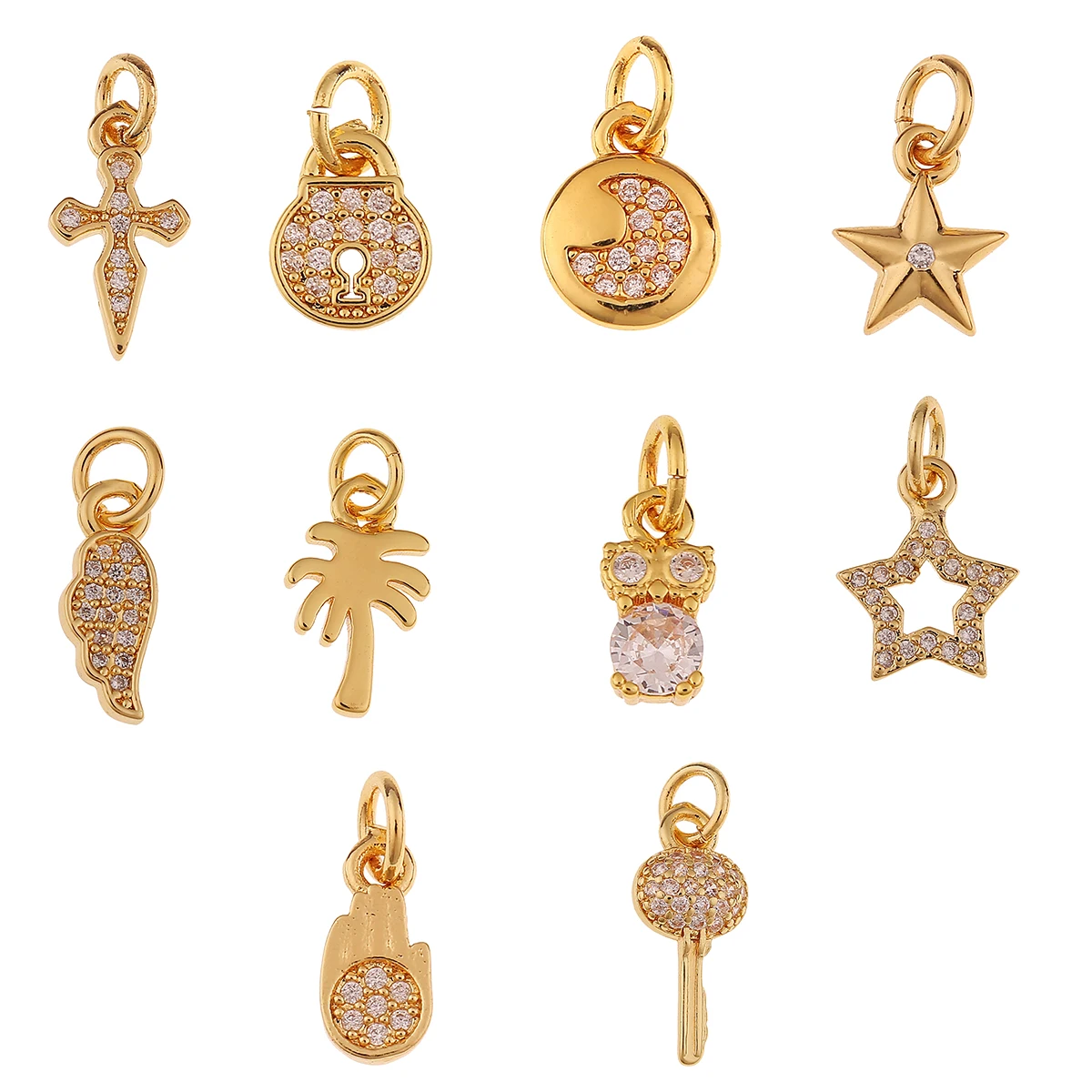

AAA CZ Gold-plated Lock Key Cross Charm Tree Owl Star Pendant Finding DIY Necklace Fatima Hand Earring Making Wholesale Jewelry