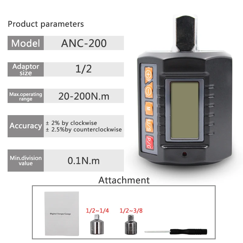 

ANC-135 3-Piece Torque Wrench Tester With Torque Adapter Digital Torque Meter Display Head Bike Car Repair Bicycle