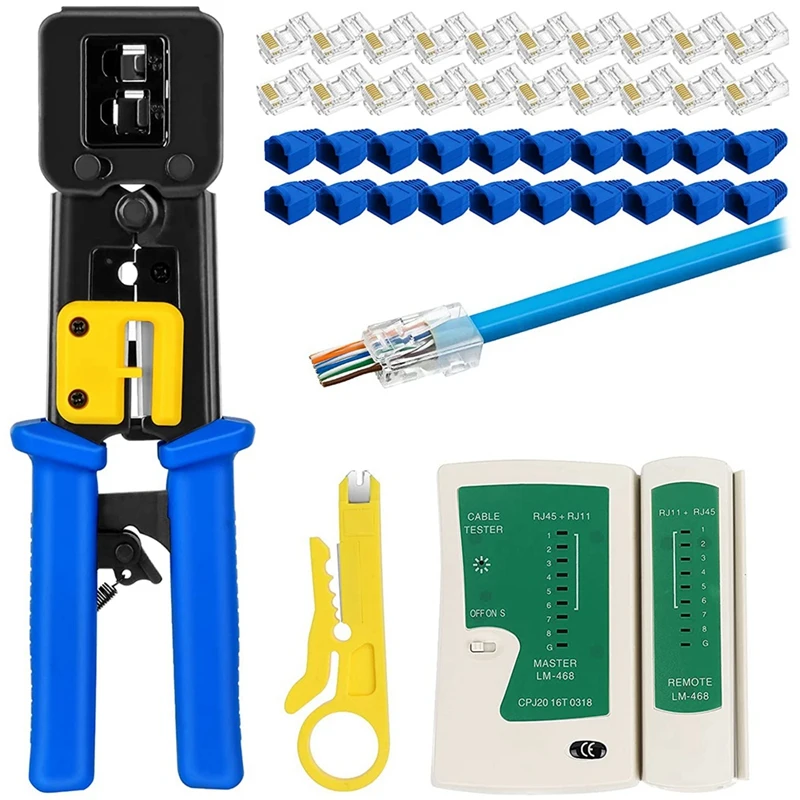 

RJ45 Crimp Tool Kit Pass Thru Cat5 Cat5E Cat6 RJ45 Crimping Tool with 20PCS RJ45 Cat6 Pass Through Connectors