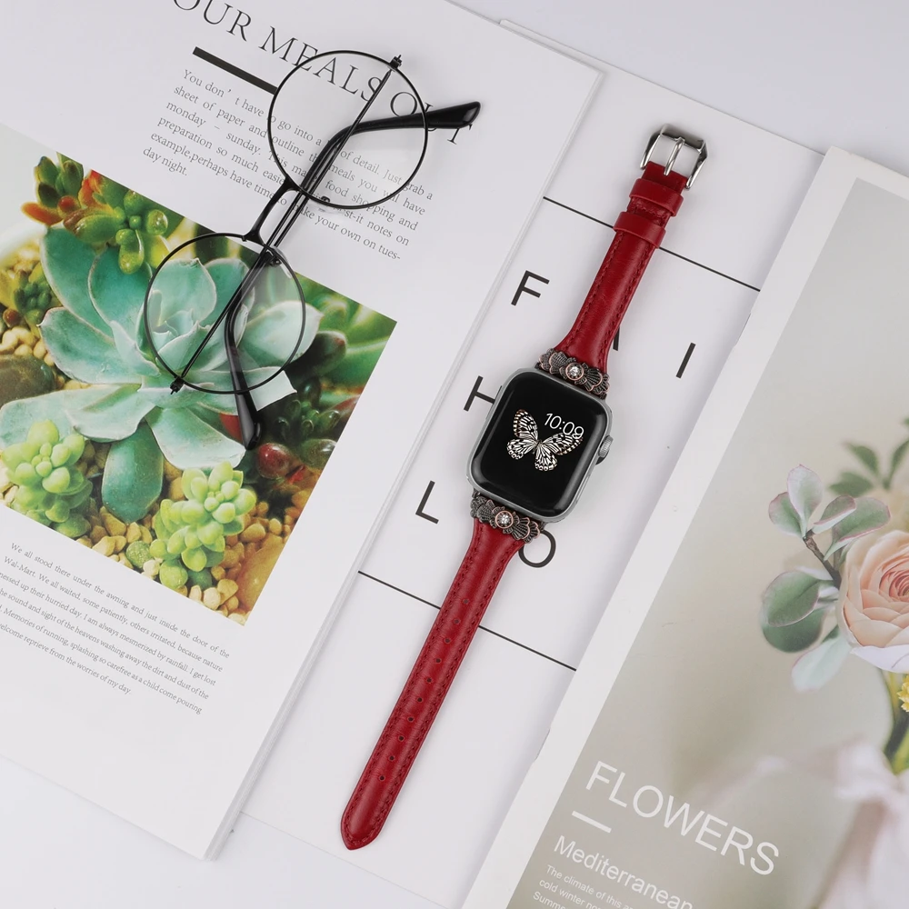 Кожаный ремешок для Apple Watch 38 мм 42 мм iWatch женский тонкий металлический с уникальным декоративным ремешком браслет для iwatch серии 4 3 2 1
