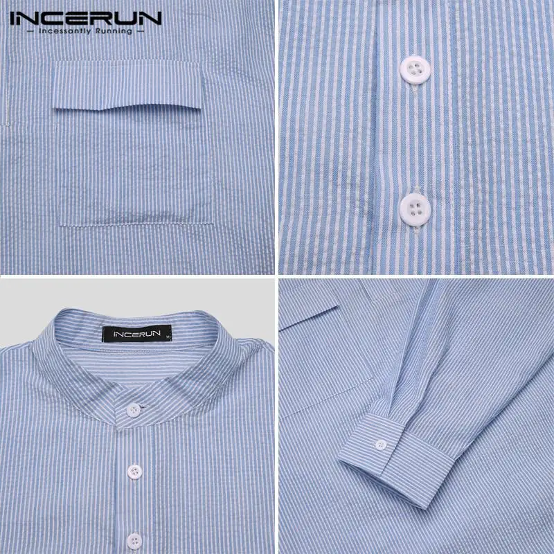 

Long Sleeve Stand Collar Camisa INCERUN Mens Striped Shirts Casual Solid Color Shirts Loose Buttons Blouse Pockets Tops S-5XL 7