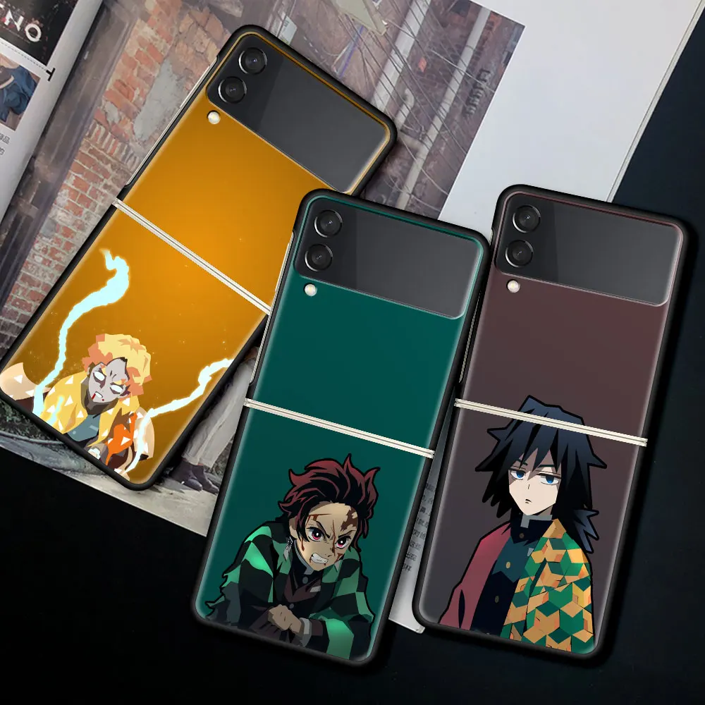 

Case For Samsung Galaxy Z Flip 3 5G Funda ZFlip3 Luxury Black PC Hard Shockproof Back Phone Coque Shell Demon Slayer Japan Anime
