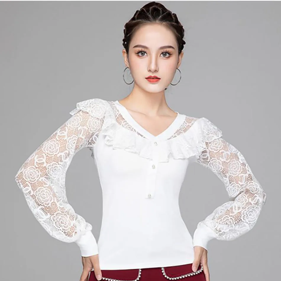 Женская Кружевная футболка с длинным рукавом V-образным вырезом | Тематическая