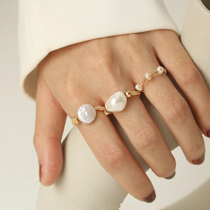 

2021 New Handmade Nature Pearl Rings for Elegant Women Creative Geometric Party Accessories Fine Jewelry Gifts