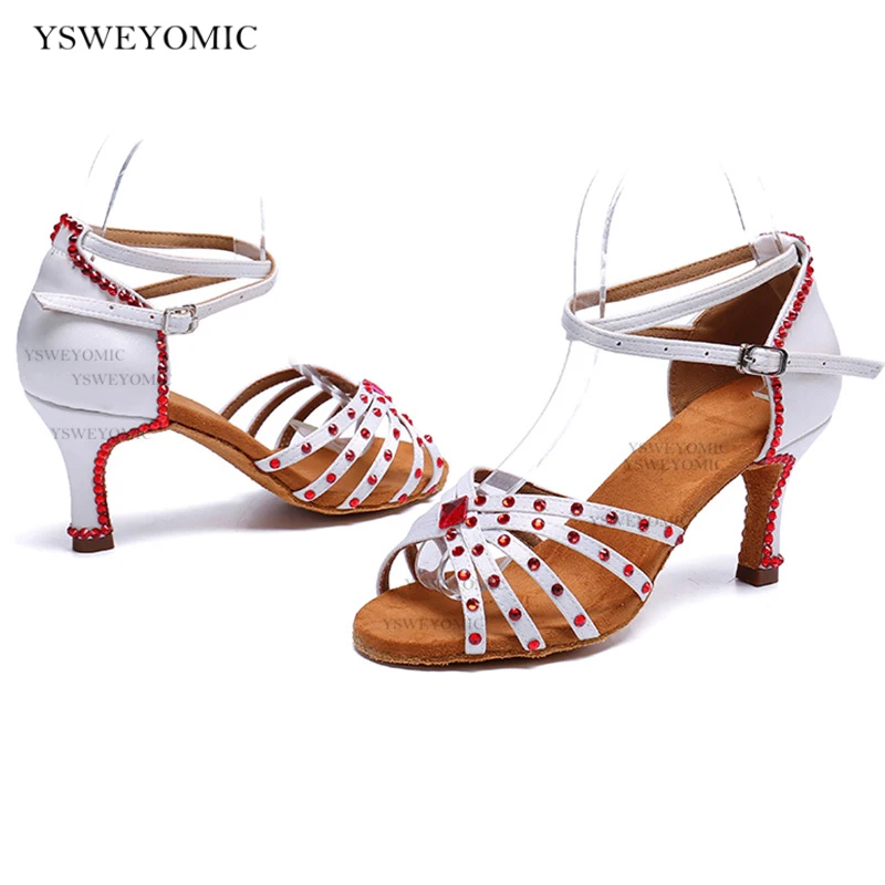 Competitive Dance Shoes White Satin Red Rhinestones Latin Ballroom Women Dance Shoes Indoor Medium Heel 7cm