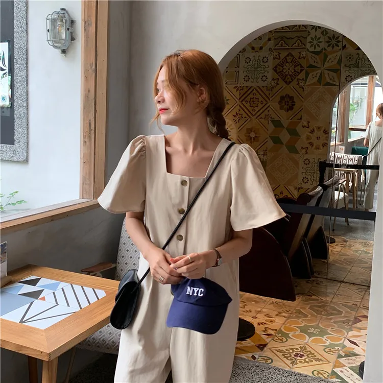 Комбинезон женский летний свободного покроя однобортный хлопково-льняной