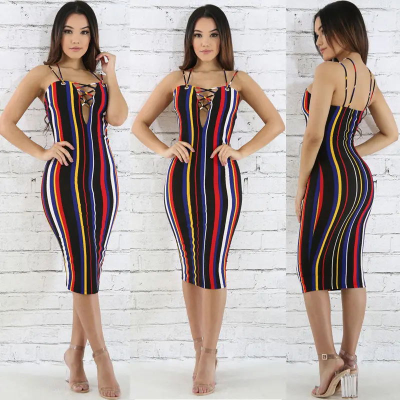 Сексуальное женское летнее Бандажное Полосатое платье 2017 на бретелях с v