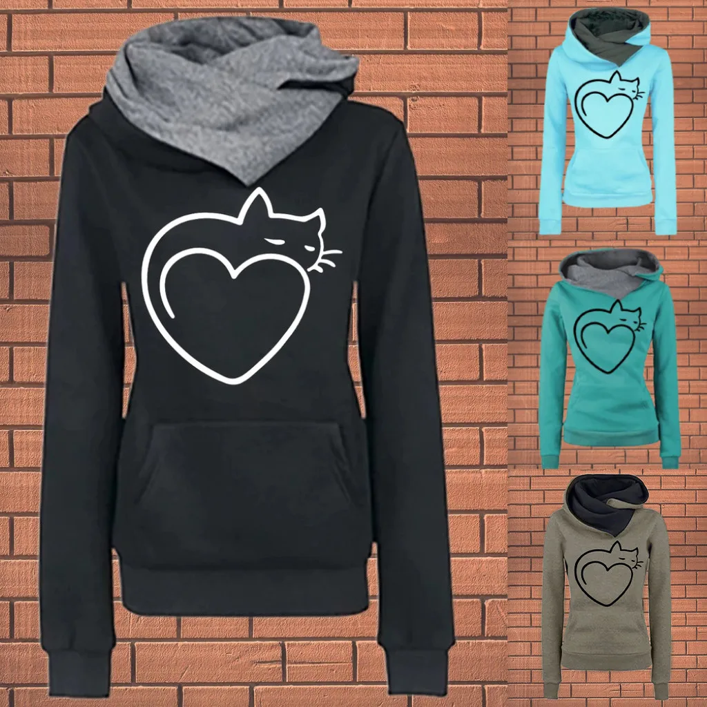 Толстовки размера плюс с капюшоном для женщин рисунком кота и ушками свободные