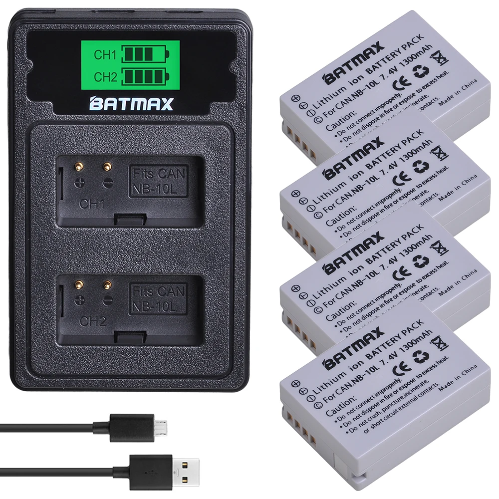 

Batmax NB-10L NB10L Battery+LCD Dual Charger with Type C Port for Canon SX40 HS SX40HS SX50 PowerShot SX40 HS SX50 HS SX60 HS