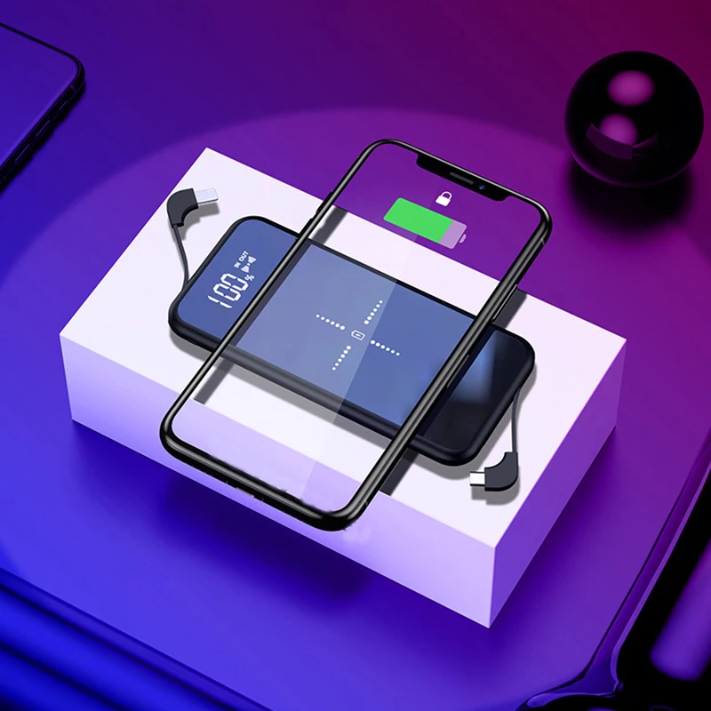 Беспроводное зарядное устройство портативное 10000 мАч встроенные кабели быстрая