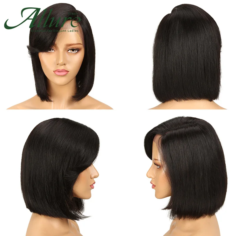 Short Straight Part Lace Front Wig Human Hair For Black Women Bob Cut Wig With Bangs Brown Burgundy Brazilian Remy Hair Allure enlarge