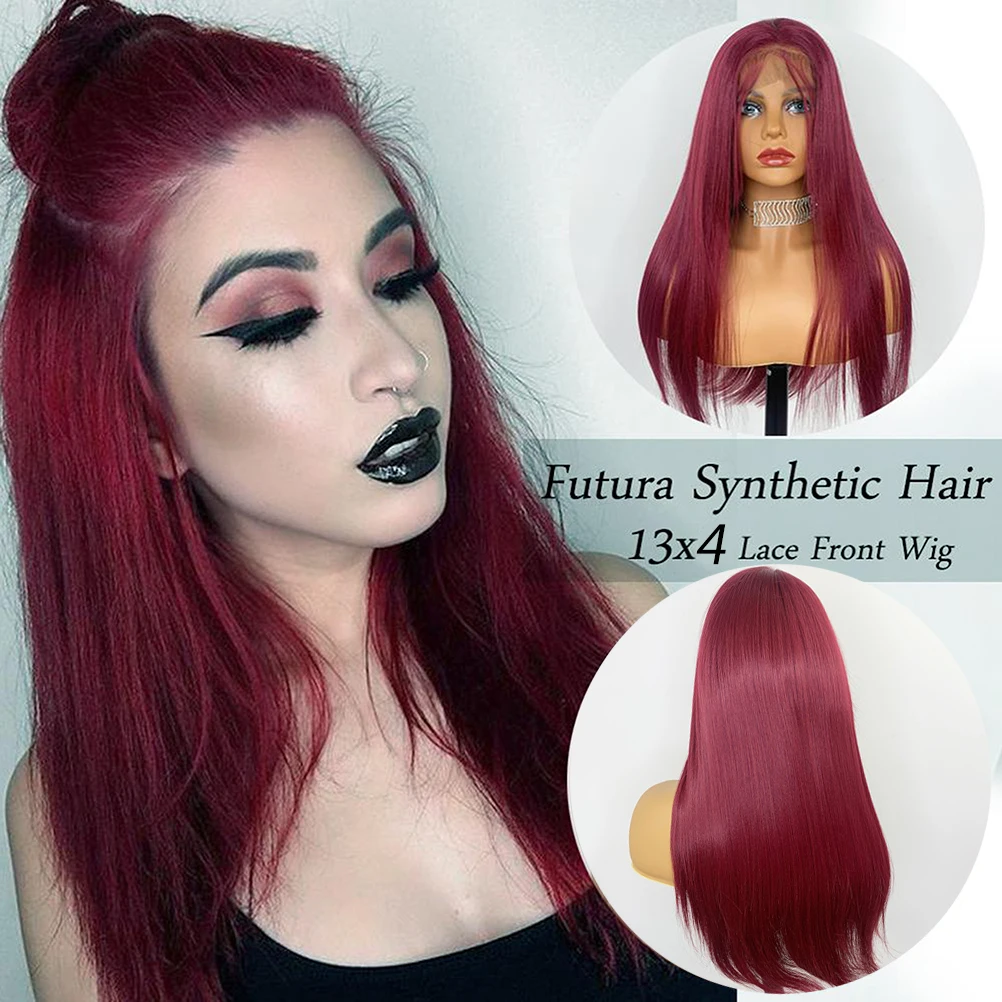 YYsoo13x4 Long Natural Straight Burgundy Wigs for Black Women Giueless Synthetic Lace Front Wig Futura Heat Resistant Hair Fiber
