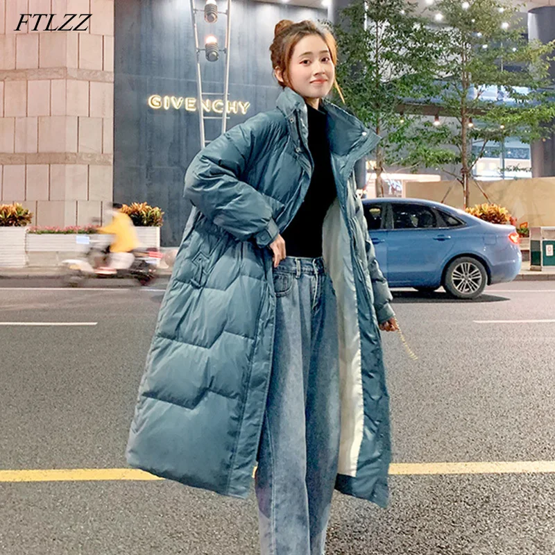 

FTLZZ 2020 зимняя длинная куртка Женская Толстая теплая куртка с воротником-стойкой 90% белый пуховик уличная свободная Синяя Зимняя парка верхн...