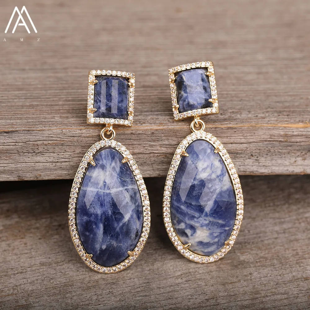 

Fashion Women Waterdrop Stone Beads Stud Earrings Gold Gun Black Earstuds Labradorite Sodalite Earrings Jewelry Dropshipping