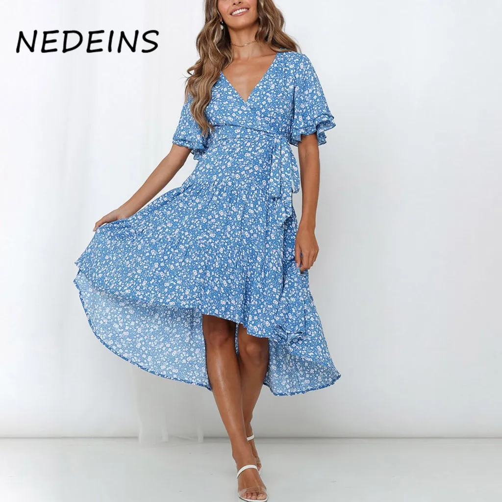

Женское вечерние жное платье NEDEINS, с цветочным принтом, V-образным вырезом, в стиле бохо, с разрезом и оборками, летнее, 2020