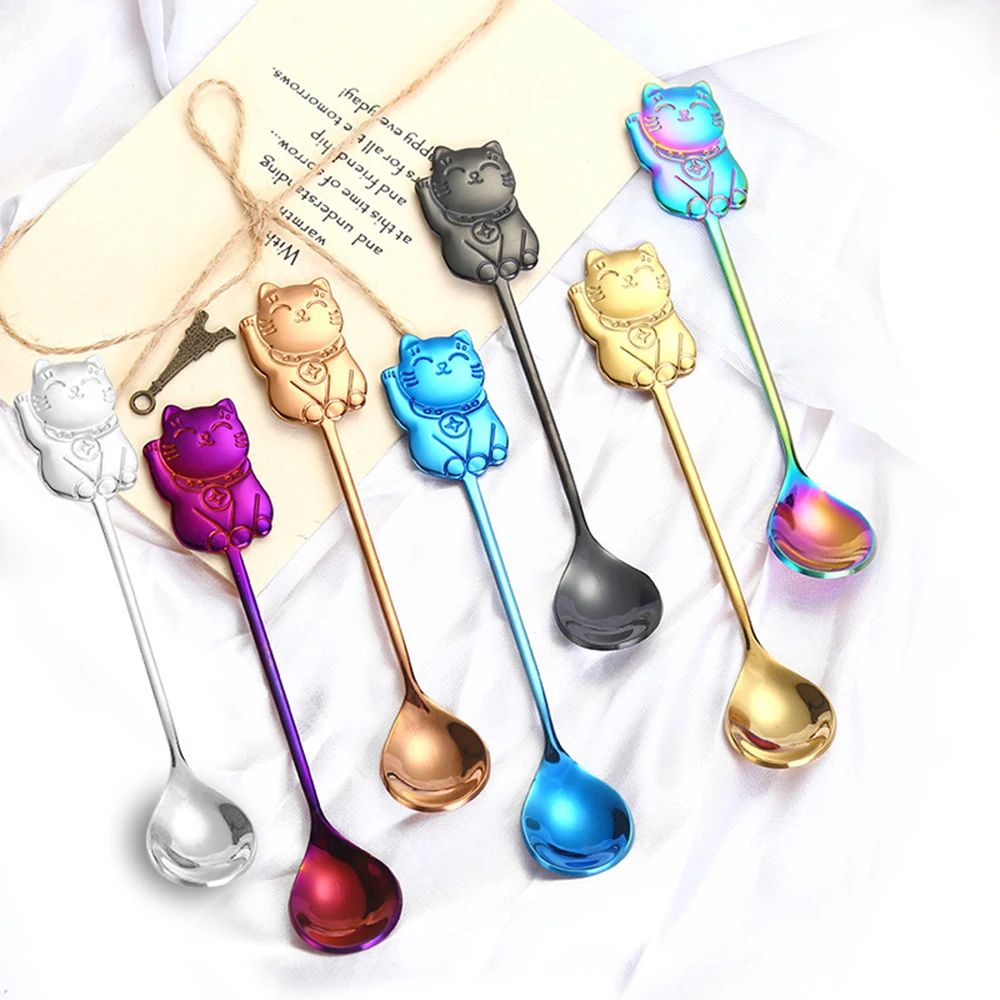 

5.5 Inch Handle Iced Tea Spoon Cute Cartoon Cat, Coffee Spoon 14cm, Ice Cream Spoon, Stainless Steel Cocktail Stirring Spoons