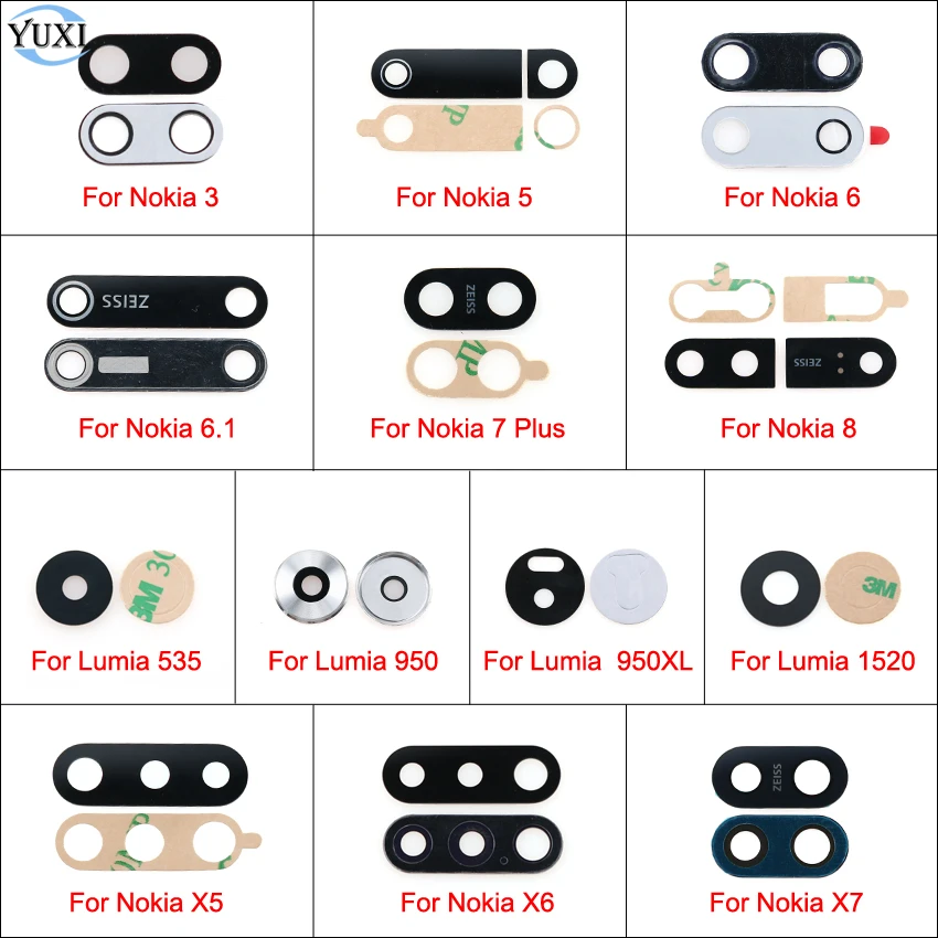 

YuXi Back Rear Camera Glass Lens Cover with glue Replacement For Nokia 3 4 5 6 6.1 7 plus 8 X5 X6 X7 Lumia 535 950 950XL 1520