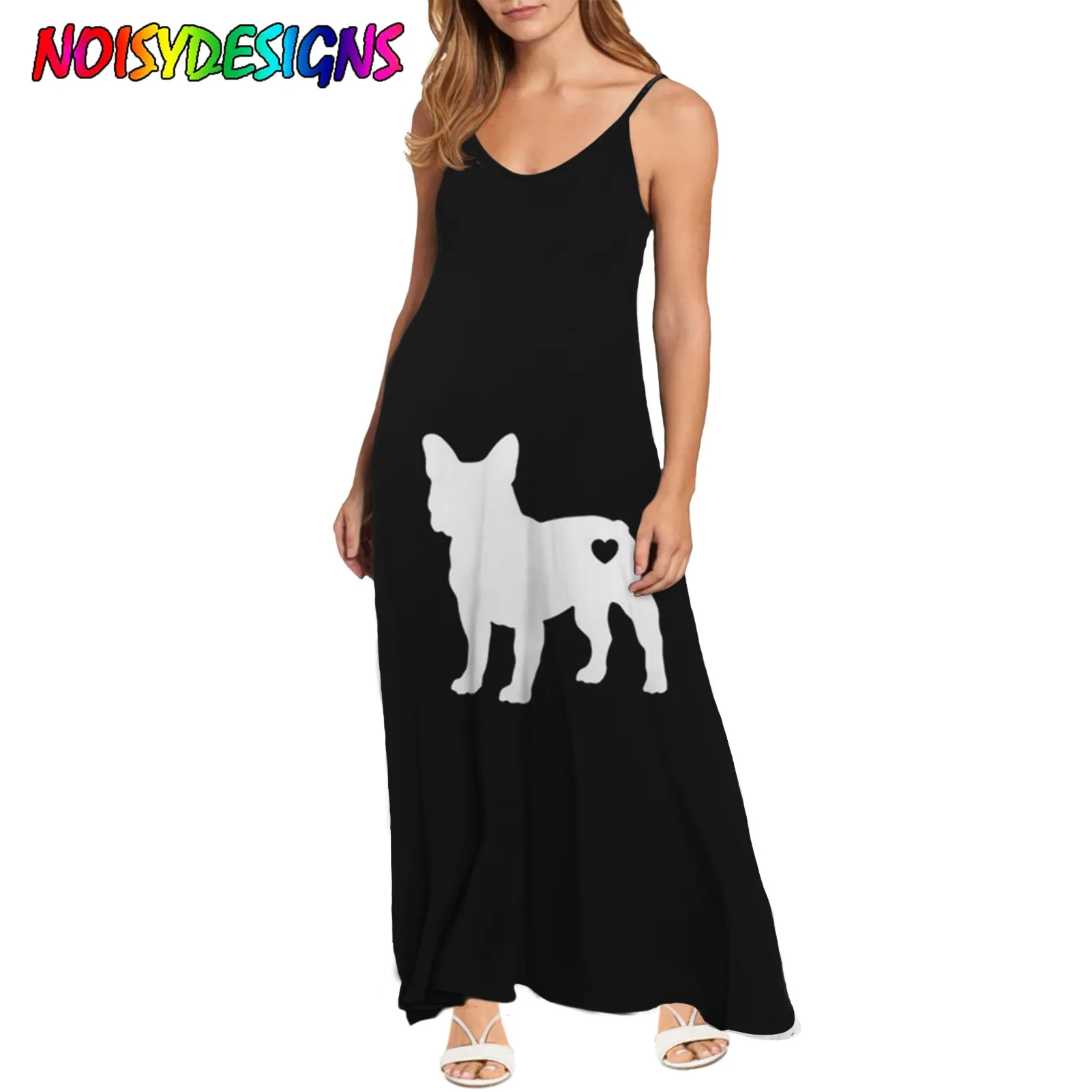 

NOISYDESIGNS Summer Women Beach Dresses Black Long Sundress French Bulldog Love Art Print V-neck Sleeveless Vacation Casual Wear