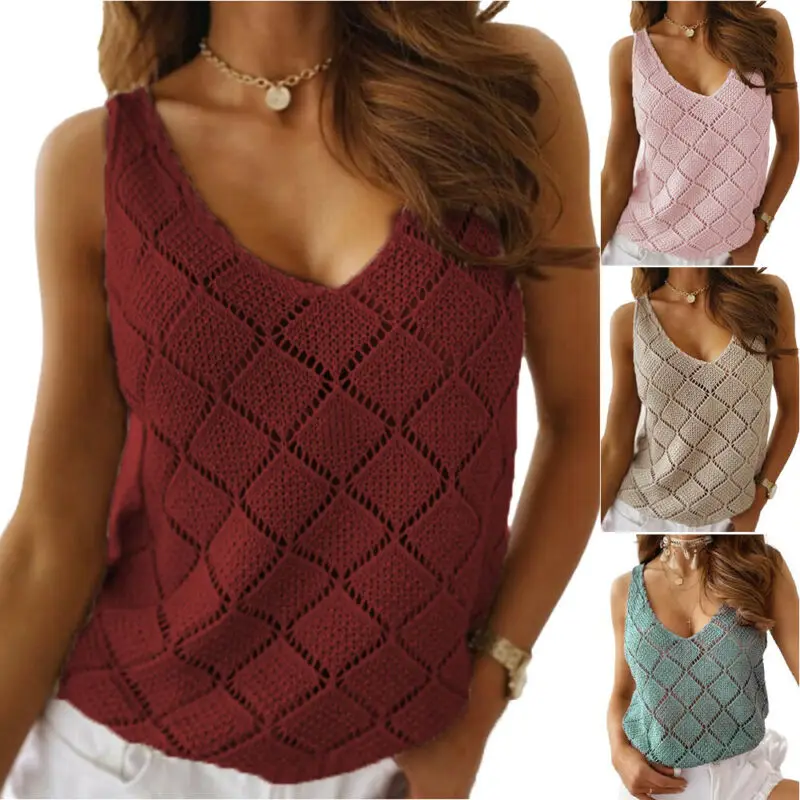 

Knitted Hollow Out t Shirt Solid Women Top Sleeveless Vest Tank Tops V Neck Women Clothing Loose T Shirt