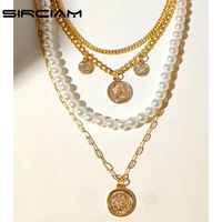 korean golden portrait coin pearl beaded necklace for women multi layered punk metal chain choker gothic femme party jewelry new