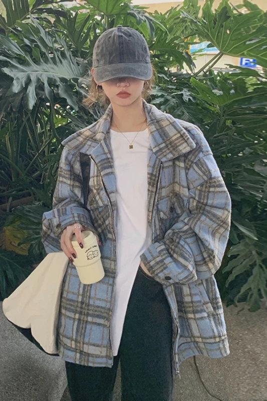 

Autumn and Winter 2020 New Retro Loose Mid-Length Bfstyle Salt Series Check Thin Long-Sleeved Woolen Coat Women's Top