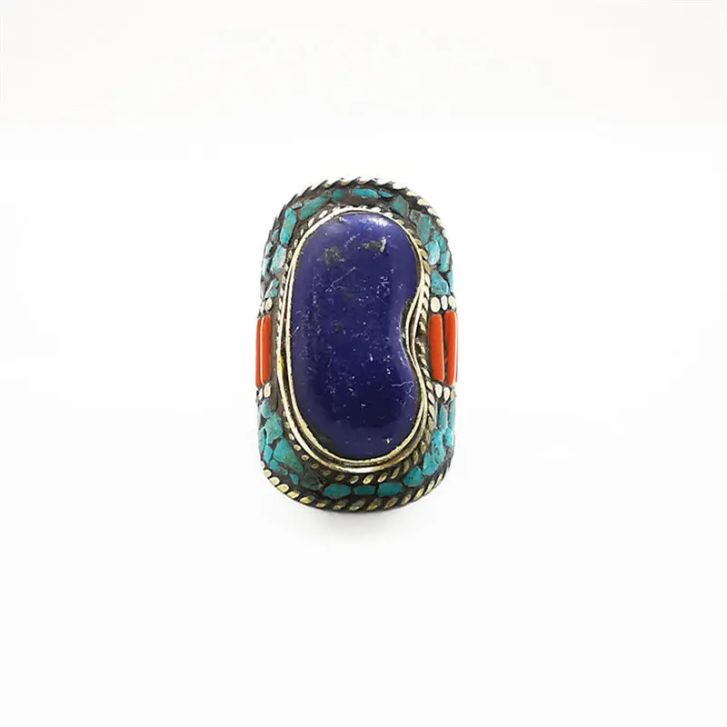 

Tibetan Big Rings for Man White Metal Copper Inlaid Colorful Stone Ring R114