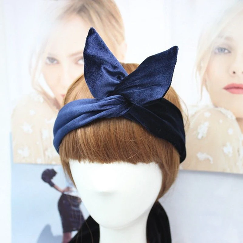 

Women Cute Velvet Rabbit Ear Headband Solid Color Bowknot Turban Fashion Headwrap Girls Hair Accessories Gift