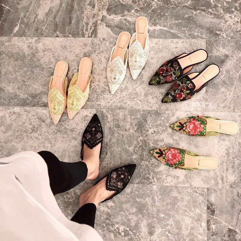 

Embroider Mules Designer Slipepers Women Pointed Toe Slides shoes