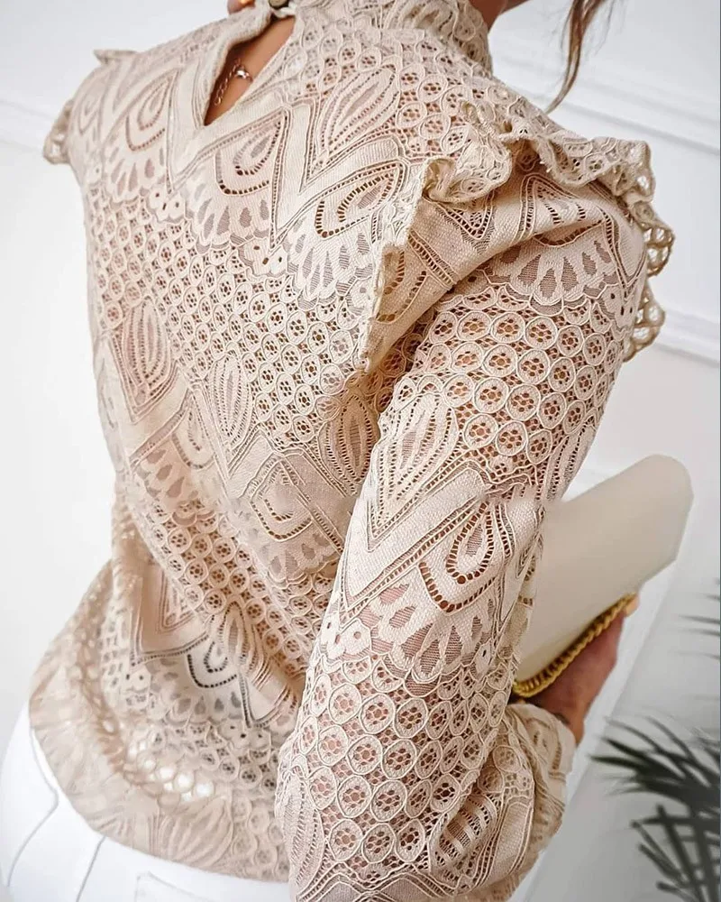 

Women Spring Auutmn Fashion Lace Shirt Long-Sleeved Round Neck Warm Floral Ruffle Shoulder Top Elastic Party Clothes 2020 NEW