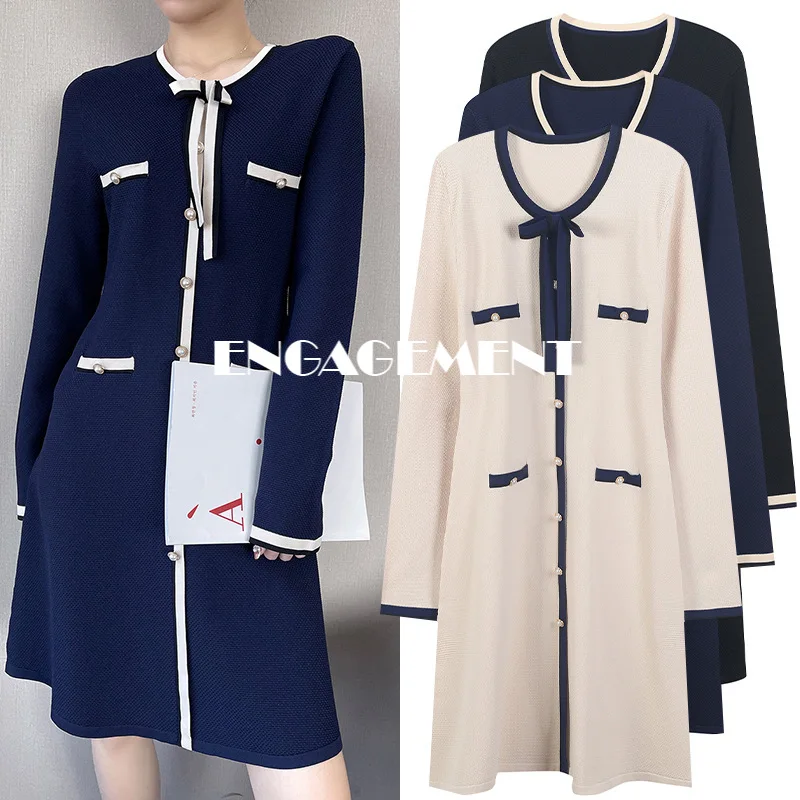 

ENGAGEMENT Autumn 2021 New Fashion Temperament Bow Lace Pocket Knit Slim Dress