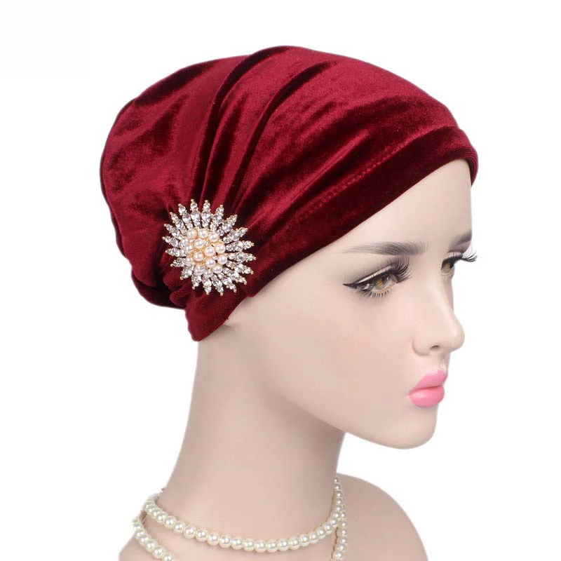 Женская бархатная Шапка-тюрбан с оборками и блестящими перламутровыми Головными