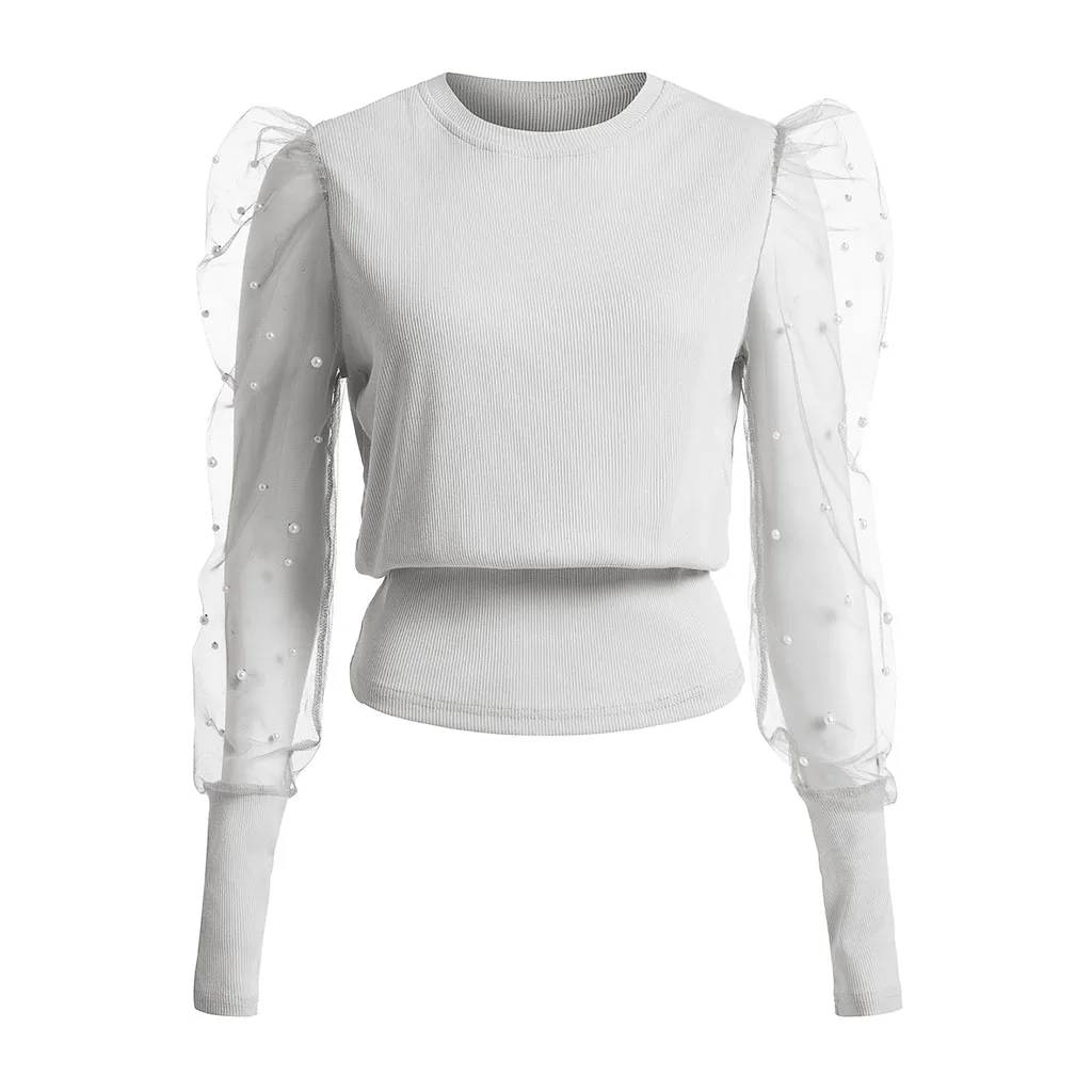 Женская прозрачная блузка с пышными рукавами Modis сетчатый пуловер жемчугом и