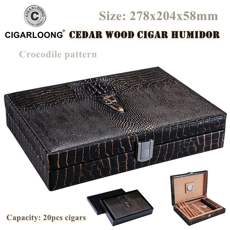 

278x204x58mm Cedar Wood Cigar Humidor Crocodile Pattern Professional Capacity 20 Cigarette Case Portable Moisturizing Cigar Case