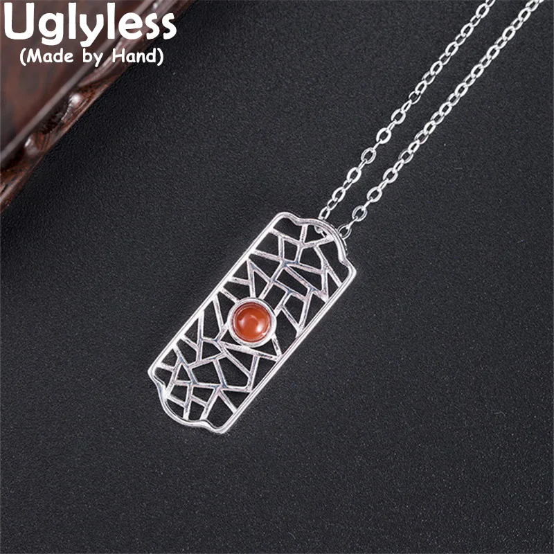 

Uglyless Irregular Grilles Hollow Square Pendants Necklaces for Women Natural Agate Ethnic Jewelry 925 Silver Necklaces + Chains