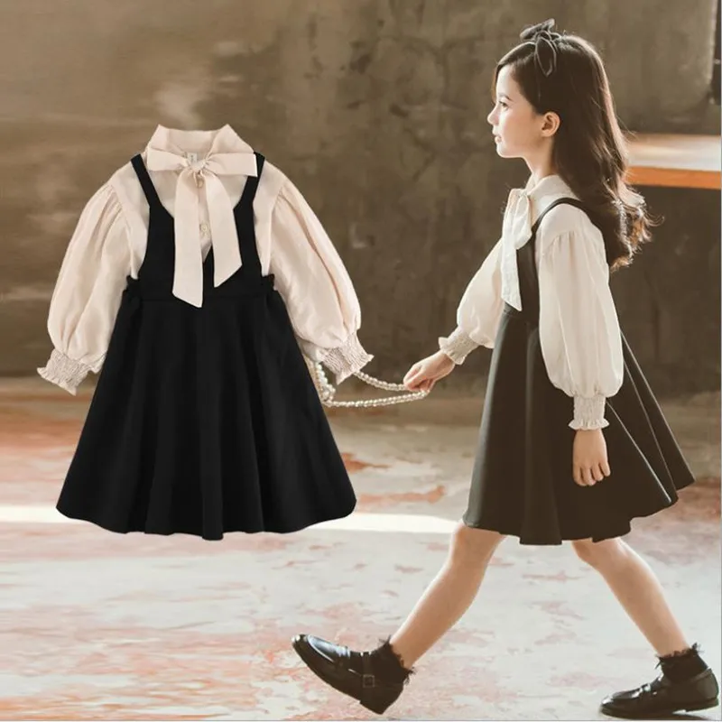 

DFXD Spring 2PC Party Suit Outfits Teenage Clothing Sets 3-12T Bow Collar Long Sleeve Princess Shirt+Strap Skirt Girls Clothes