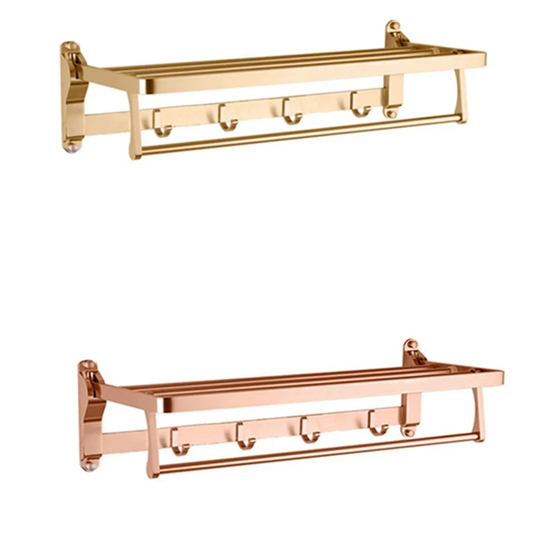

2 Pcs Towel Holder Bathroom Space Aluminum Hanger Fold Matt Bath Towel Rack Wall Mount Washroom Shelf, Gold & Rose Gold