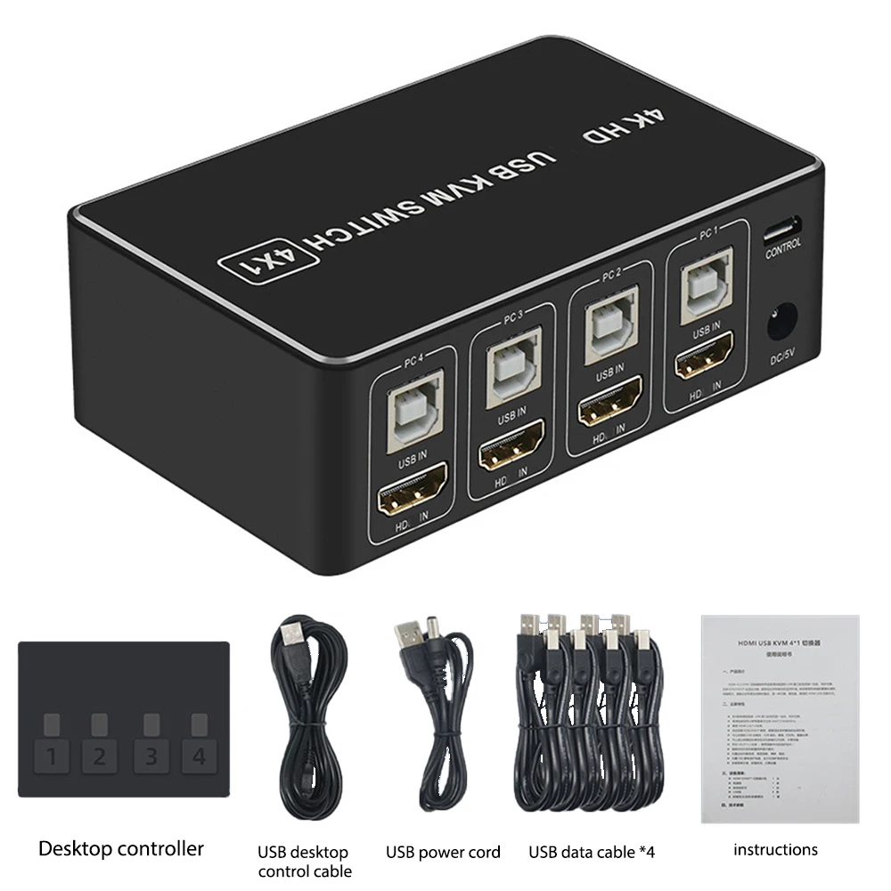 

4K USB KVM Switcher Box 4 Port 4K HDMI-Compatible USB KVM Switch KVM Console Hub for PC Keyboard Mouse(For PS2 interface)
