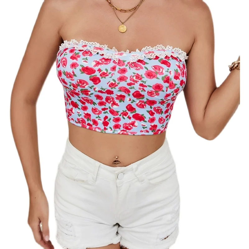 

Cross-border eBay ladies' printed floral stitching sexy lace strapless short word shoulder with Europe and the United States sma
