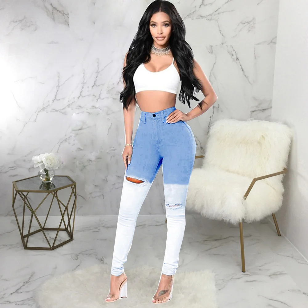 

Contrast Color Patchwork Casual Denim Trousers Women Fashion High Waist Hollow Hole Jeans Streetwear Zipper Fly Stretch Pants