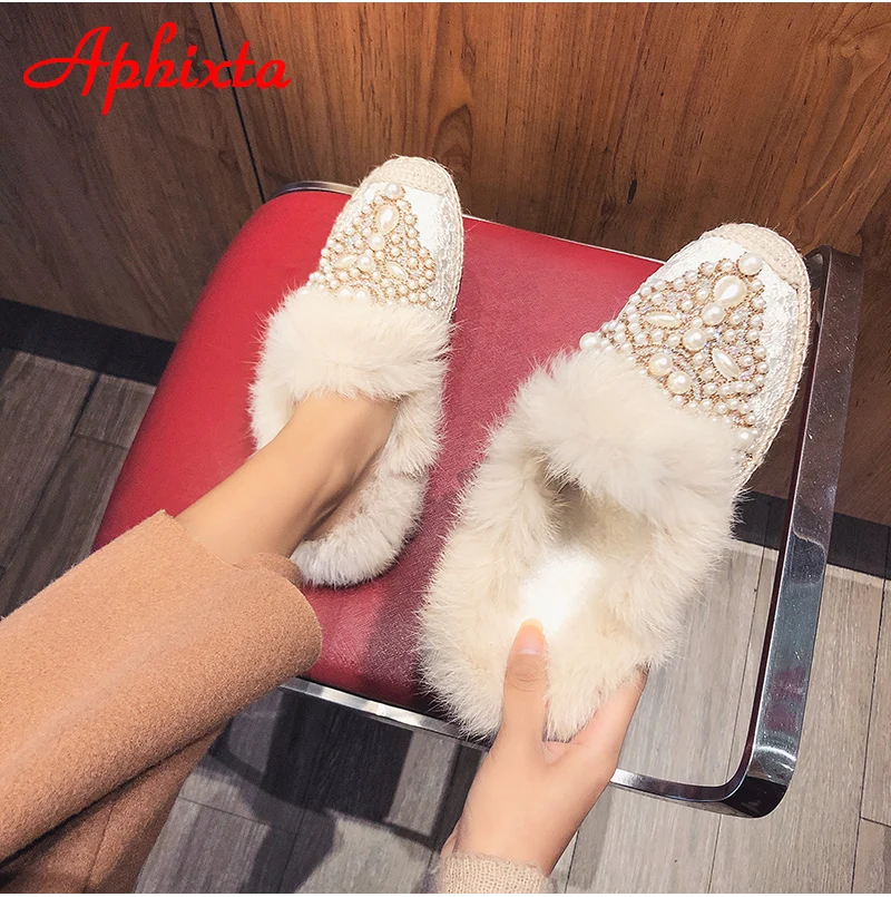 Aphixta зимние теплые тапочки с натуральным мехом; женская обувь на шнуровке с жемчугом и кристаллами; шикарная плюшевая женская обувь с натуральным кроличьим мехом
