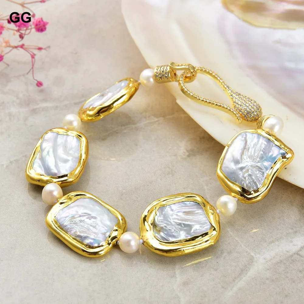 Браслет GG Jewelry 8 дюймов с белым квадратным жемчугом Кеши и золотым