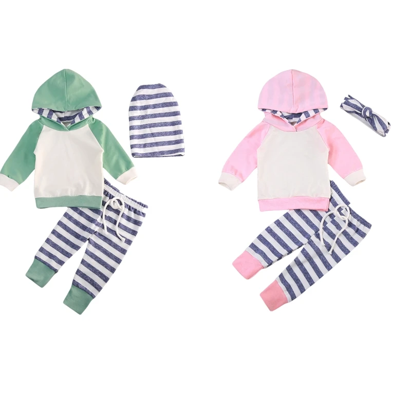 

3PCS Newborn Toddler Baby Boy Girl Hooded Sweatshirt Top Striped Pant Cap Headband Outfits Set Casual Clothes