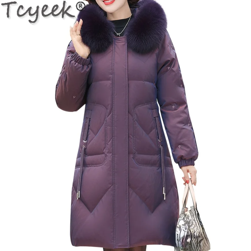 

Tcyeek Real Fox Fur Collar Jacket for Women Winter Hooded Warm Down Coat Famale New Long Korean Parkas Ladies Veste Femme SQQ514