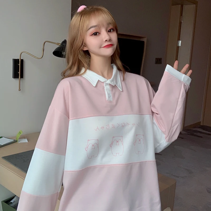 

Autumn Sweet Women hoodies Fashion Preppy Style Loose Pullovers POLO collar Cute Cartoon print Patchwork Female Tops 2020 HOT