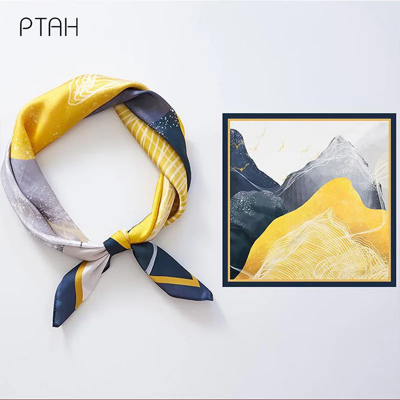 

[PTAH] 100% Mulberry Silk Scarf Women Autumn Lightweight Small Square Neckerchief Digital Printed Scarves High Quality 53*53cm