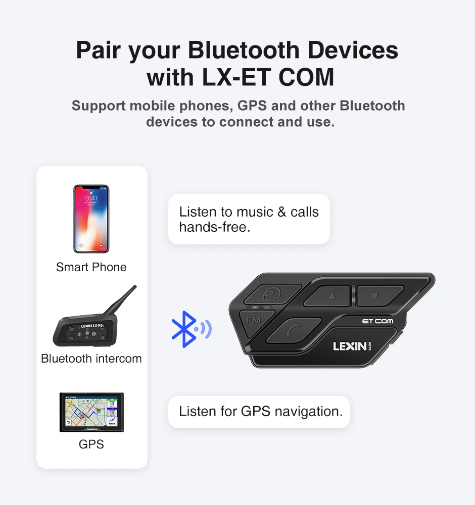 Фото BT гарнитура для мотошлема LEXIN ET COM, 1200 м, с поддержкой Bluetooth для 2 собеседников, переговорное устройство для мотошлема, 1 шт. №2
