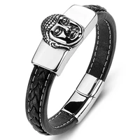 fashion braided leather bracelet men handmade punk vintage jewelry stainless steel buddha religions bangles male wristband p059