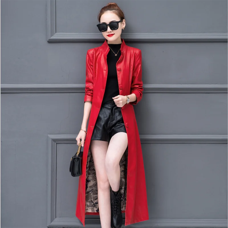High-quality leather women's spring autumn long Slim slim skinny trench coat leathers coat women's loose plus size overcoat enlarge