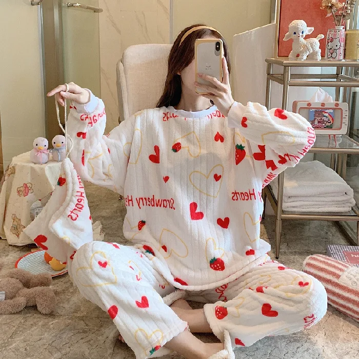 Plus Size Pajamas 2 Piece Pajama Set Women Cartoon Cute Flannel Home Clothes Women Nightwear Round Neck Cute Korean Pajamas