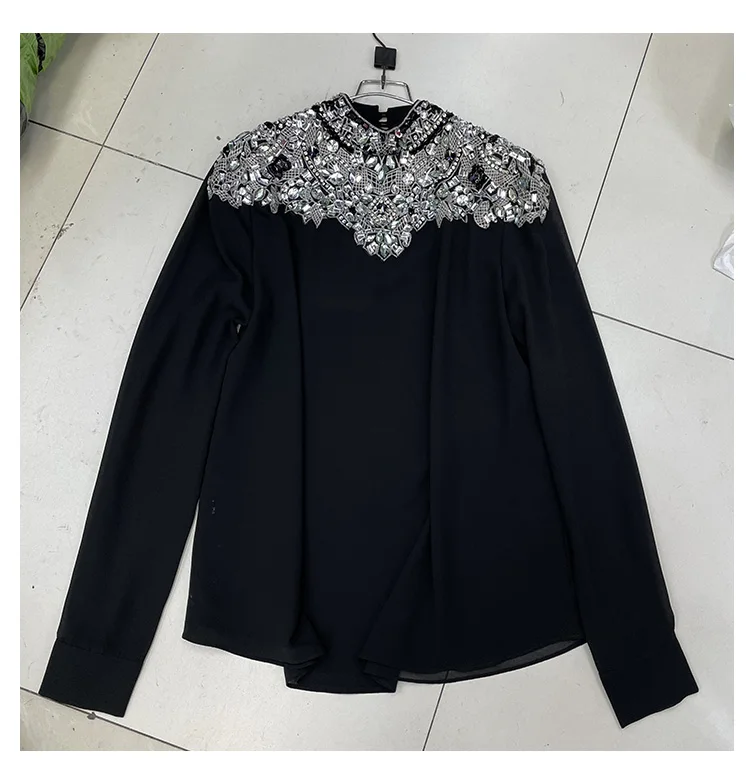 

French Heavy Diamond Decorative Shirts for Women 2021 Summer Pullover Thin Long Sleeve Chiffon Shirt Tops Fashion Elegant Blouse